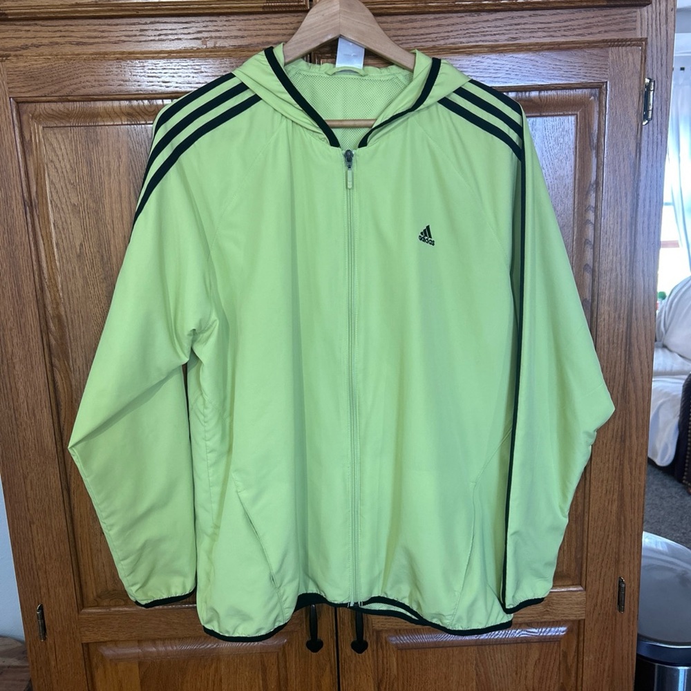 Adidas Neon Green Hooded Jacket with Black Stripes